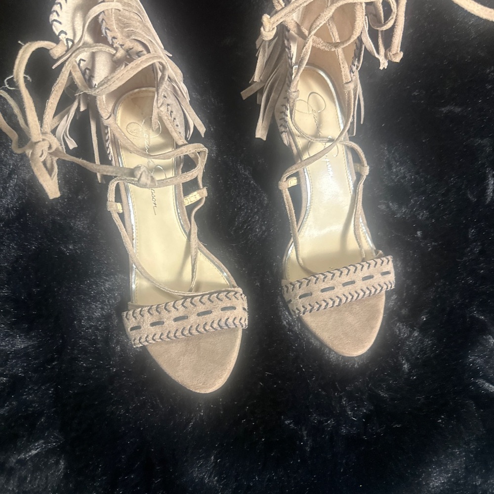 Lace-Up Suede Open-Toe Heels in Taupe